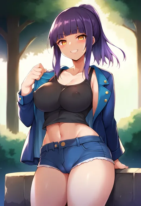 score_9, score_8_up, score_7_up, source_anime, 1girl, solo, park, amber eyes, violet hair, blue jacket, open jacket, black tank top, jean shorts, seated, on a rock, cowboy shot, grin, blush,  big breasts, wide hips, thick thighs, blunt bangs, ponytail, by ...