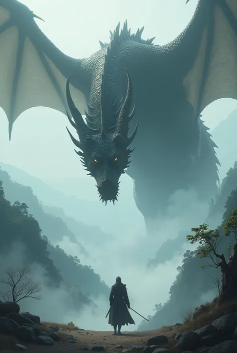 A large flying dragon looking down at a ninja generate a foggy anime type image 