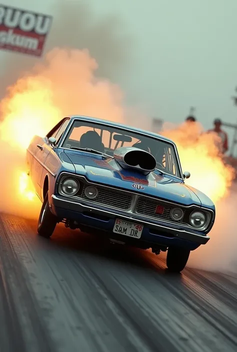 A high-speed action shot of a 1970s Dodge Dart drag racer designed by the Ramchargers, launching off the starting line with nitro burning and tire smoke, showcasing the iconic racing car design from the era.