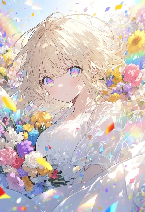  light blond hair、Hair reflecting in a prism、Rainbow Eyes、 white dress、Colorful bouquet、Confetti、Flower Field、White Sky