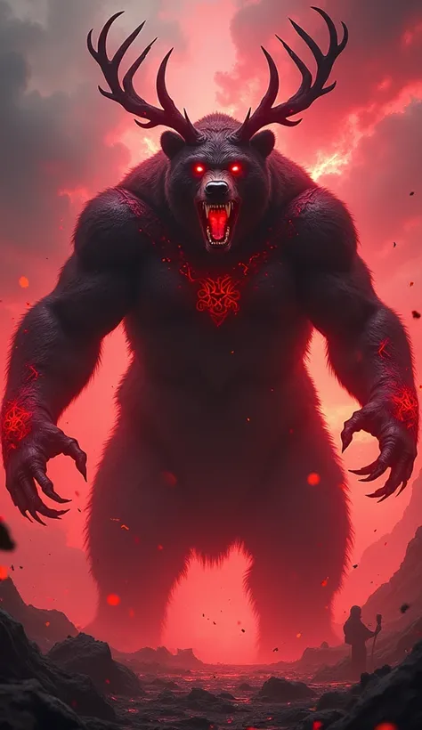 A terrifying and mystical hybrid of Scarlet Witch and a bear, radiating dark magic and primal dominance. The creature has a towering, bear-like physique, covered in shadowy, fur-like textures interwoven with glowing crimson runes. Its eyes burn with chaoti...