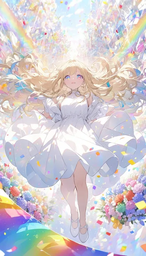  light blond hair、Hair reflecting in a prism、 long hair on background、Rainbow Eyes、 white dress、White pumps、Colorful bouquet、Confetti、Flower Field、White Sky