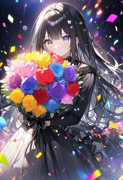  black hair、 long hair on background、Rainbow Eyes、 black dress、Colorful bouquet、Confetti、 starry sky 