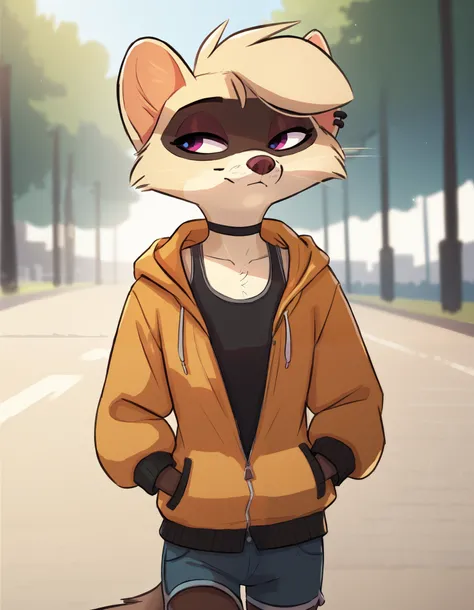 score_9, score_8_up, score_7_up, SirocStyle, Expressiveh, masterpiece, best quality, highly detailed, realistic, brookeSiroc, ferret, purple eyes, ear piercing, short hair, two-tone fur, tan fur, hands in pockets, hands in hoodie pockets, looking away, neu...