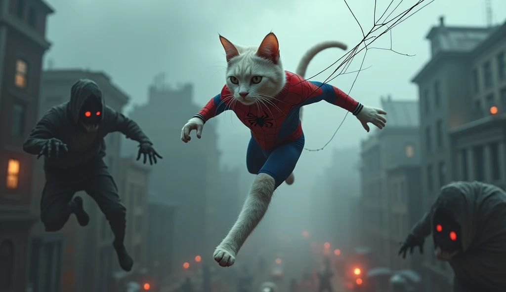 "

"The white cat in the Spider-Man uniform leaps onto a crumbling rooftop to escape the chasing zombie Minion. The Minion clambers after it, growling and snapping, but the cat uses its web to swing to a nearby building. Below, the street fills with more z...