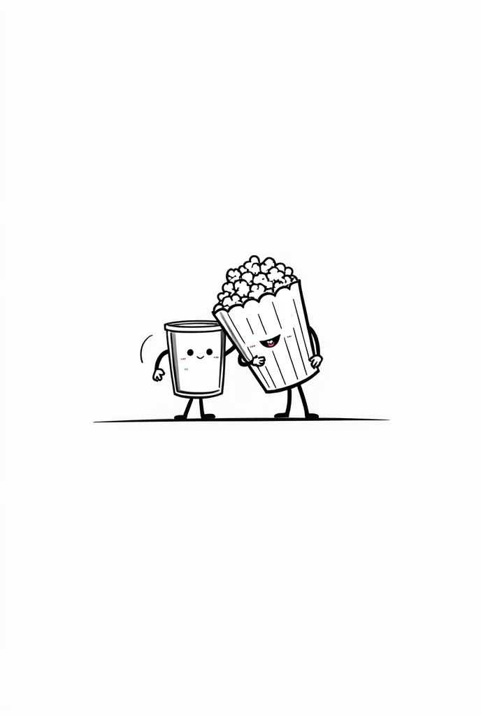  creates a simple linear comic illustration in black and white where a box of popcorn is leaning against a glass of espresso,  that each one has hands , Feet and face 