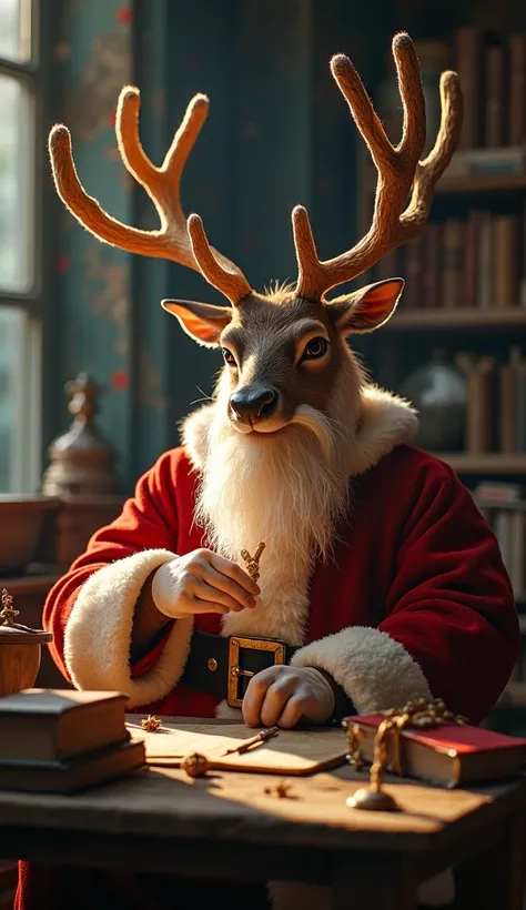 a school for many young santa clauses, reindeer care class, magic school classroom, (best quality,4k,8k,highres,masterpiece:1.2),ultra-detailed,(realistic,photorealistic,photo-realistic:1.37),hyper realistic,golden ratio,soft focus,film photography,intrica...