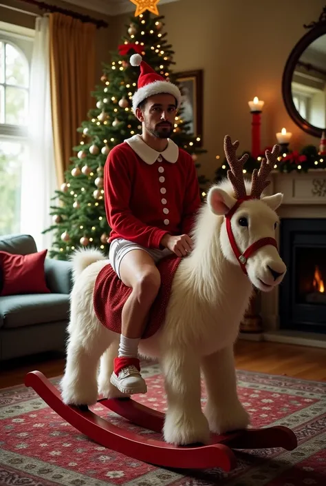 Real photo. Twenty-five year old adult handsome man wearing frilly Christmas elf  shirt, Christmas hat,  plastic diaper, frilly elf socks, ride sidesaddle a rocking reindeer in front of Christmas tree in richly decorated living room.