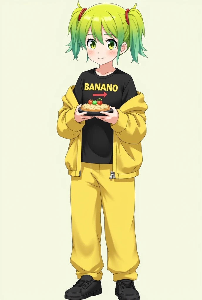  An anime character with degraded green and yellow hair with two yellow tufts on the top of his head,  wearing a black t-shirt with the word BANANO and a yellow sweatshirt, yellow long pants and black sneakers.. The character shows a cheerful expression an...