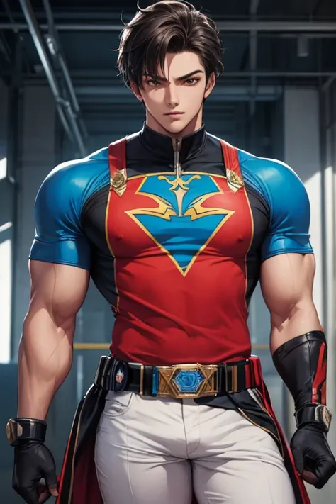 (    top quality ), (Overall view)   beautiful sexy young Sentai hero ,  shiny Power Rangers costume, 18 years old,  toned and muscular ,  cool and handsome face ,, Hair long enough to hide one eye, 
