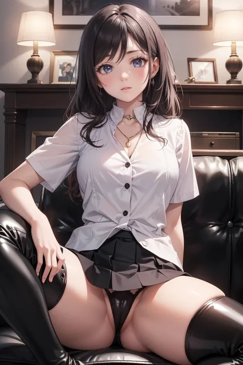 Nozomi Tojo , nozomi always, Long curly black hair,  masterpiece ,  Best quality ,  high definition , beautiful,  detailed eyes ,  extremely detailed face ,  Good lighting , Detailed CG, 1 woman, (vagina, latex black panties ), ( The panties are visible fr...