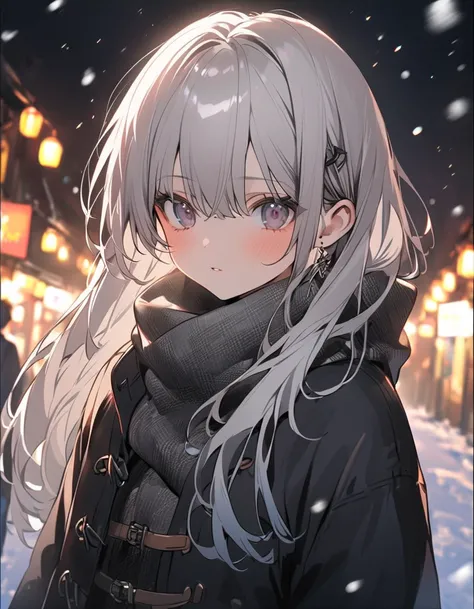  1 girl 、 Silver Hair、 gray eyes、 Slender Eyes、Straight face、 muffler 、 muffler で口許が隠れている、 duffle coat 、Snow is falling