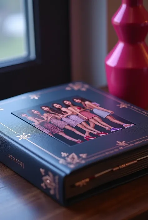  Book-shaped album placed on the table with a slightly skewed viewing angle to look attractive.  Black background , it&#39;s not,  Silber soft ,  possibly with a gradation of pink and purple ,  give an elegant impression ,  girl crush and futuristic . 5 me...