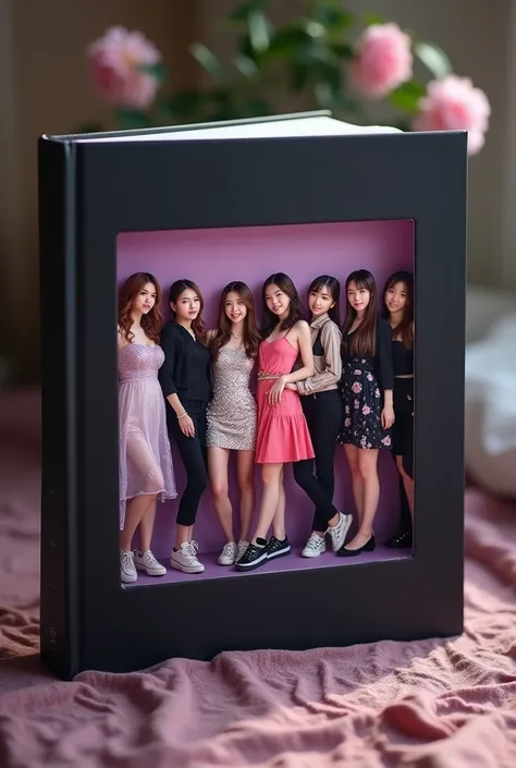  Book-shaped album placed on the table with a slightly skewed viewing angle to look attractive.  Black background , it&#39;s not,  Silber soft ,  possibly with a gradation of pink and purple ,  give an elegant impression ,  girl crush and futuristic . 5 me...