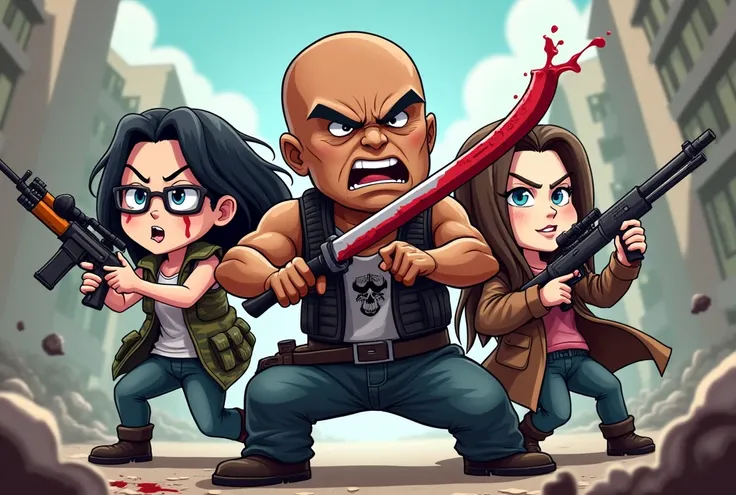  Create a full-body illustration in Chibi style /Cartoon,  with the following characteristics :
 - A brown-skinned man , Furious, bald, with a black t-shirt,  camouflaged cargo pants , military gloves and boots .  He holds a bloody katana in his hands .
- ...