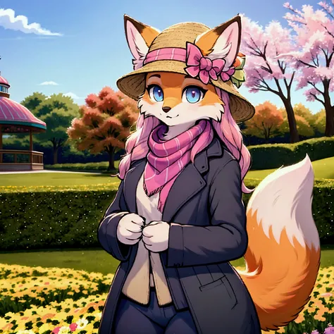 A cute and fluffy anime-style furry girl, anthropomorphic with fox or cat features, soft pastel colors, big expressive eyes, and a cheerful personality. She wears a cozy outfit with subtle variations, like accessories (scarves, bows, or hats) or small chan...