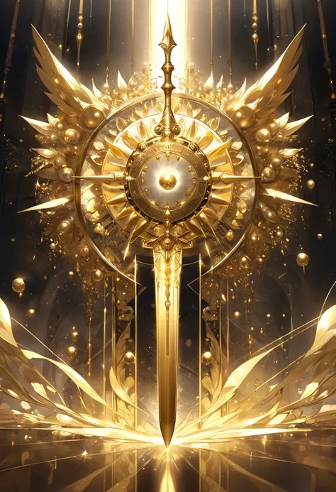 (masterpiece, best quality),A highly detailed illustration of a spear adorned with numerous glowing golden spheres. a beautiful angel holds the shield.The spear features an intricate metallic shaft with a polished, reflective golden surface. Its blade is s...