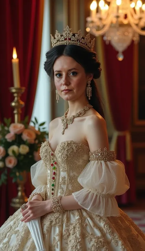 A regal 27-year-old princess from the 19th century, resplendent in an opulent, Victorian-era ball gown with intricate lace and delicate florals, her porcelain skin glowing beneath a lavish tiara adorned with sparkling diamonds, rubies, and emeralds, as she...