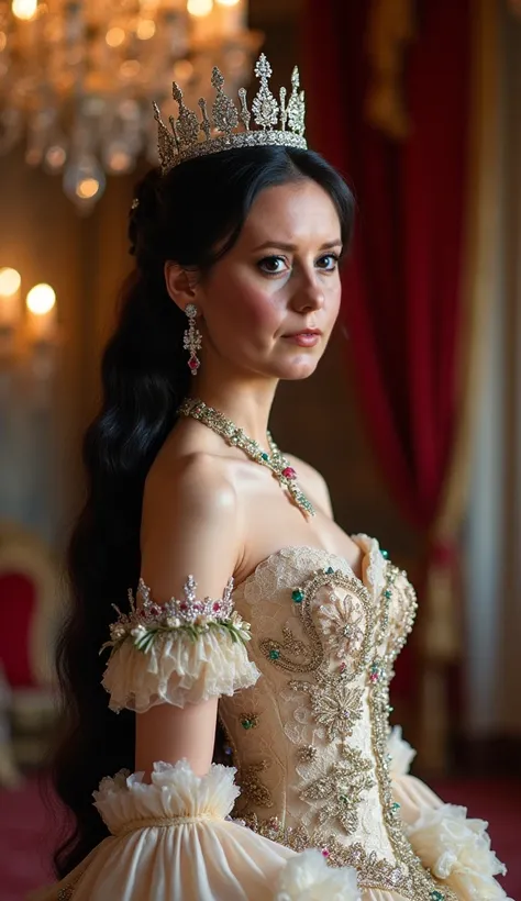 A regal 27-year-old princess from the 19th century, resplendent in an opulent, Victorian-era ball gown with intricate lace and delicate florals, her porcelain skin glowing beneath a lavish tiara adorned with sparkling diamonds, rubies, and emeralds, as she...