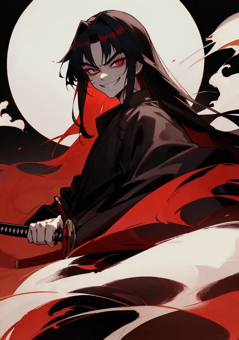 A man who have a katana long hair dark eyes and with a scary smile face 