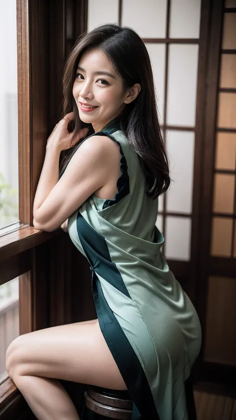 Mature attractive sexy woman,50 years old, ((sleeveless kimono)), Dark Green、(((sleeveless kimono:1.4))),Shut,((Big Breasts:1.2)),(Facial wrinkles:1.3),light makeup,Light brown hair,Long Hair,(Full body photo:0.85),(Emphasize big buttocks),8k, RAW Photos, ...