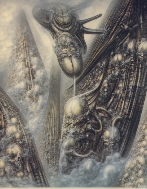 H. R. Gigers g1g3r, , Giger_style, The image is a detailed view of H.R. Gigers " NY City  " plate, featuring ( biomechanisms in landscape  surrounded by other aliens with ivorish fossilized body parts and features, all set against a nisty background.) H R ...