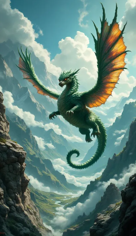 Large, vibrant green and reddish dragon, sprawling across the image, mid-air, (detailed scales:1.3), magnificent wings outstretched, powerful body positioned with claws gripping a rocky landscape, majestic pose, looking slightly downward and to its left, e...