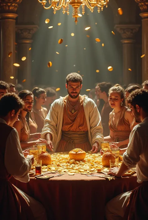 Reckless Living**: The younger son is surrounded by people, eating and drinking in a lavish setting. Gold coins are scattered on the table, symbolizing his wasteful spending