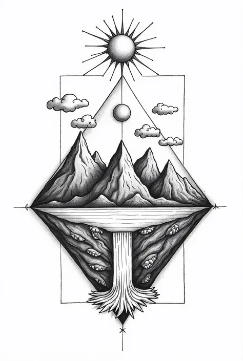 The image is a black and white drawing of a fractal geometric design that includes a sun, moon, mountains, waves, and a waterfall. The elements are arranged in a triangular pattern.
The image may be called something like "Geometric Nature," "Elements of Na...