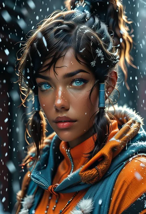 Subject: (1woman, solo, Korra, avatar korra, chestnut brown skin, brown hair in a high ponytail, hair ornament and hair tubes, snow gathering in hair, slim and toned, style: ((overhead aerial view:1.38), facing away, back turned, (standing on the edge of v...