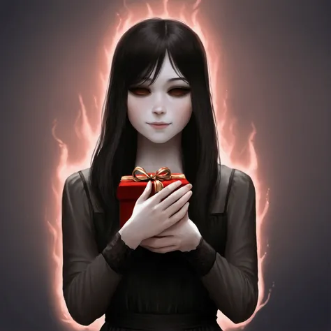 a beautiful young woman with long dark hair, pale skin, sunken eyes, and an emaciated expression, wearing a tattered black dress, lurking behind a happy family opening Christmas gifts, with an aura of malevolence and hunger, 8k, photorealistic, dark fantas...