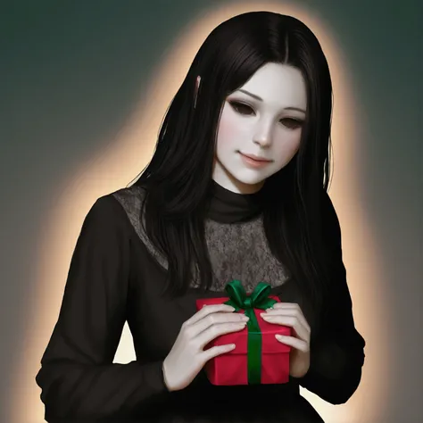 a beautiful young woman with long dark hair, pale skin, sunken eyes, and an emaciated expression, wearing a tattered black dress, lurking behind a happy family opening Christmas gifts, with an aura of malevolence and hunger, 8k, photorealistic, dark fantas...