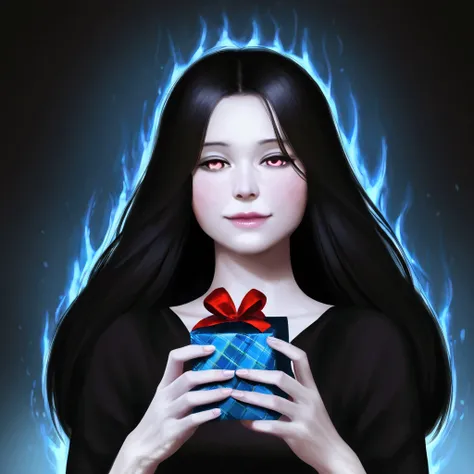 a beautiful young woman with long dark hair, pale skin, sunken eyes, and an emaciated expression, wearing a tattered black dress, lurking behind a happy family opening Christmas gifts, with an aura of malevolence and hunger, 8k, photorealistic, dark fantas...