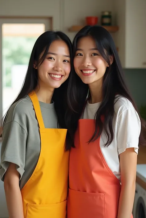 two women, duo, adults, mid-20s, long black hair, straight hairstyles, wearing aprons (pink and white), no visible clothing under aprons, standing in a kitchen, warm smiles, casual and friendly expressions, modern kitchen background, bright indoor lighting...