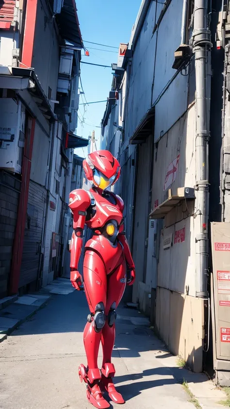 Alafi standing in the street in red and white, girl in mecha cyber armor, Cute cyborg girl, perfect android girl, cybersuit, cyber suit, Robot girl, Cyborg girl, sci-fi woman, anime robots, perfect anime cyborg woman, cyborg - girl, Mecha suit, japanese cy...