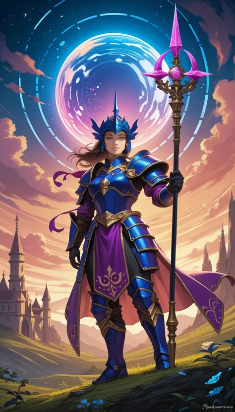 ((best quality)) , ((masterpiece)) , (detailed),A warrior with blue armor and a purple staff, holding a sword. Mystical, fantastical landscape with floating planets and glowing flora. Vibrant shades of purple, pink, and orange against a gradient sky. Digit...