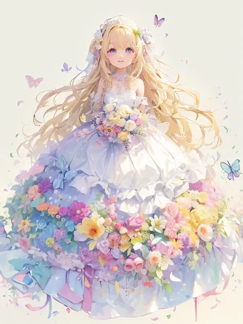 A girl wearing a dress that looks like a wedding dress。The girl has fluffy blonde hair.。The girl is smiling。whole body。The dress is embroidered with colorful flowers.。watercolor。Anime Style。