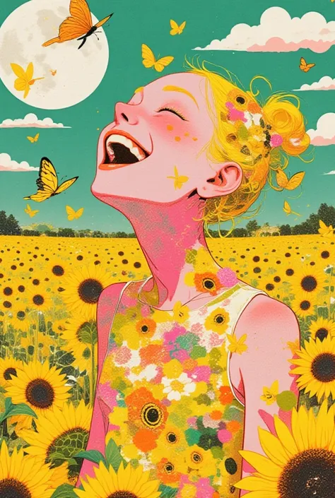  crazy woman laughing,Pink,yellow,Yellow green, orange ,White,Surreal collage,a contemporary artistic collage,collage artwork, New Album Cover , Great Job !! ,digital collage、(collage ),collage art,contemporary collage,mixed media collage, Surreal +      i...