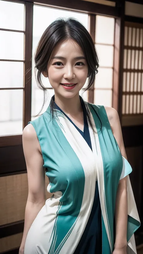 Mature attractive sexy woman,50 years old, ((sleeveless:1.3)), Dark Green、(((sleeveless kimono:1.4))),Shut,((Big Breasts:1.2)),(Facial wrinkles:1.3),light makeup,Light brown hair,Long Hair,(Full body photo:0.85),(Emphasize big buttocks),8k, RAW Photos, Hig...