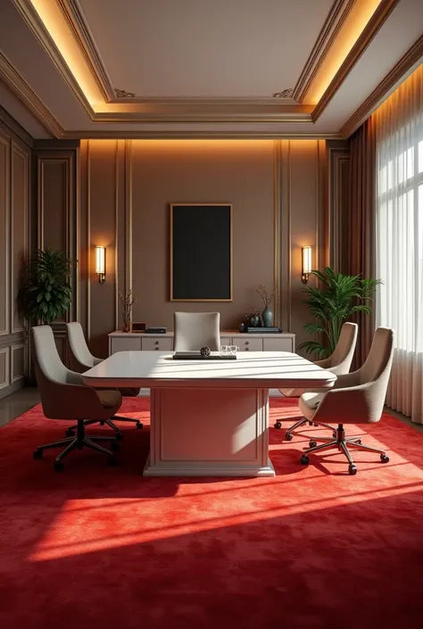 Generate an image of an executive office with white executive table, luxurious office chairs its on the ground floor must have luxurious interior design with red carpet 