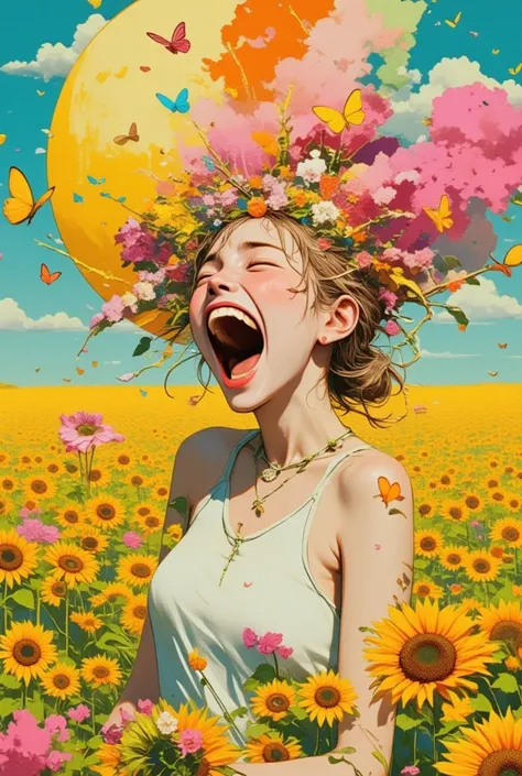  crazy woman laughing,Pink,yellow,Yellow green, orange ,White,Surreal collage,a contemporary artistic collage,collage artwork, New Album Cover , Great Job !! ,digital collage、(collage ),collage art,contemporary collage,mixed media collage, Surreal +      i...