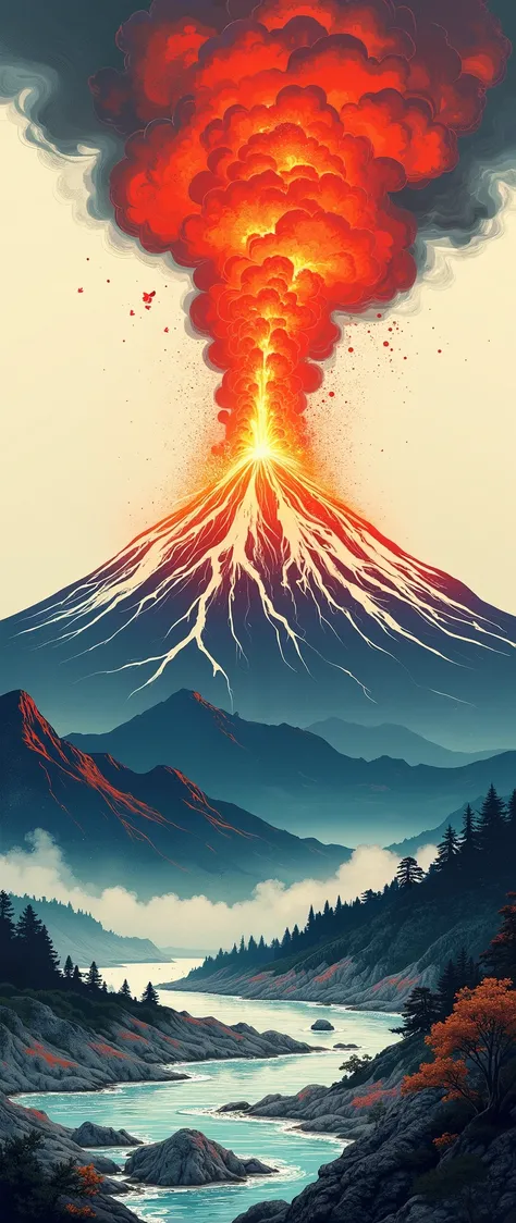 ( Ukisei:2.0),8k,16k,wallpaper,( Katsushika Hokusai style:2.0),(Volcanic eruption),(Mt. Fuji eruption :2.0),( Vector Art :2.0),( flat design:2.0),( flat color:2.0)