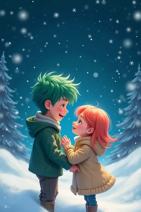 , a boy with bright green hair and a girl with pink hair shedding tears of joy. The background is a beautiful snowy night 