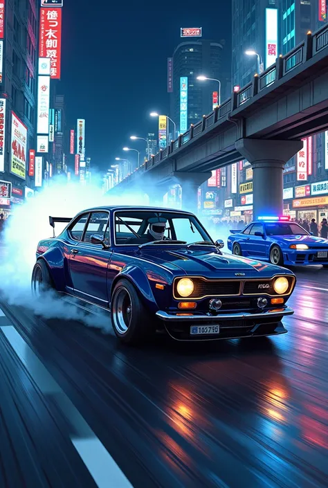 White Datsun 510 ,  tuning body kit , дрифт в Turn,  maximum speed ,  smoke from under the wheels ,  driver wearing a white racing helmet, Tokyo at night, neon showcases, Night,  overpass ,  comic book style ,  comic drawing ,  top view , Turn,  anime colo...