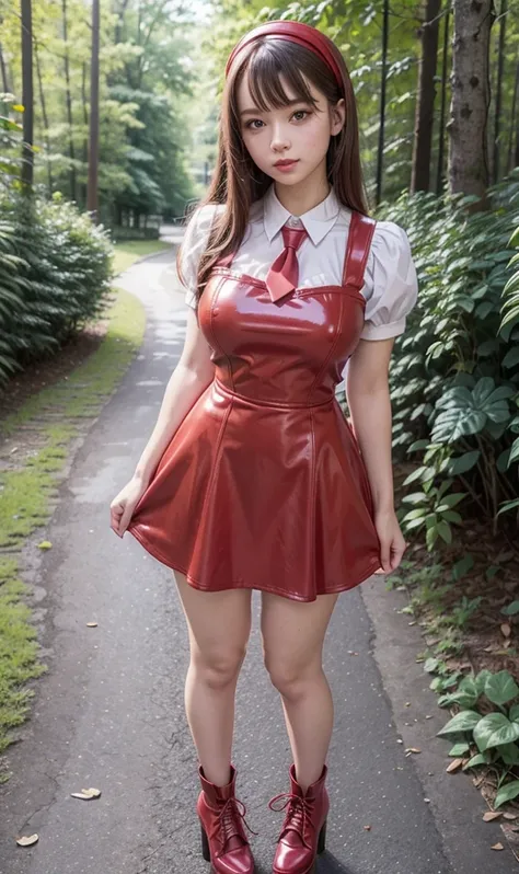 full body , fitted figure , cute beautiful schoogirl, beautiful cute **** face with big lips , High Waisted red sexy leather skater flutty pinafore dress, blouse short puffy sleeves , High Waisted red leather short skater flutty pinafore dress, red tie , b...