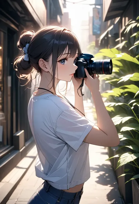 (((Best quality, 8k, Masterpiece: 1.3)), ((best quality)), ((masterpiece)), (detailed), perfect face, perfect body, (detailed skin:1.3), (intricate details), A young female photographer captured in action, holding a DSLR camera up to her face as she takes ...