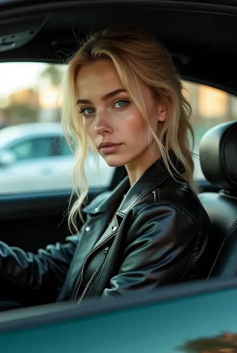 18 year old blonde woman in a leather jacket sitting in a car, portrait of , sitting in her car ,  wears a leather jacket  , Leather clothes,, Dressed in a leather jacket , Leather clothing, wearing a full leather suit, She is wearing street clothes,  Juli...