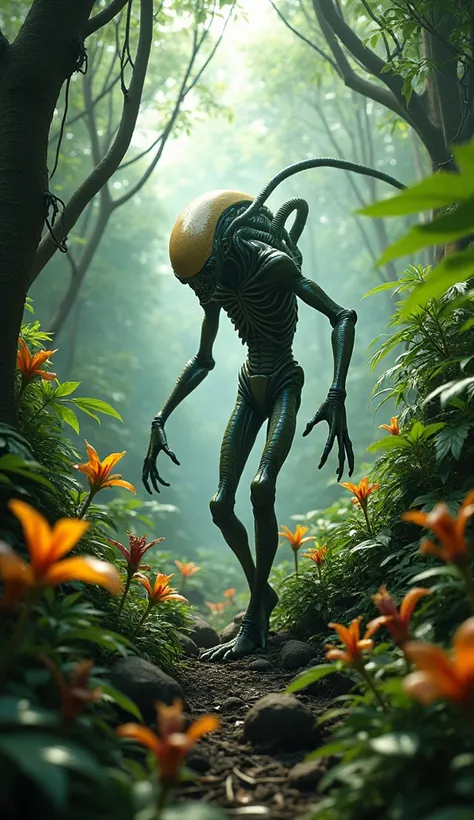 Alien exploring the rainforest in the terrible way. HD, Real