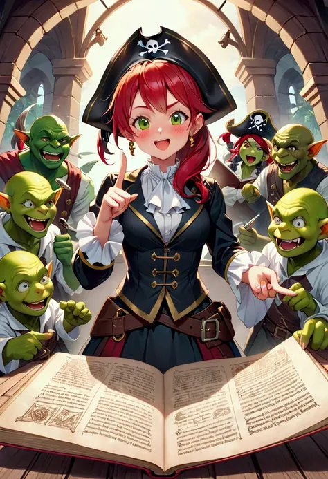  A 14-year-old red-haired human girl dressed as a pirate boatswain stands in front of several happy and happy green-skinned goblins dressed as clerks and scolds them with inspiration in a very obscene and obscene way. Happy goblins write her every expressi...