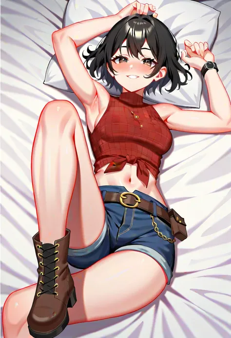 Japanese cowgirl , black hair,Large round eyes , red black plaid sleeveless cowboy shirt,  denim hot pants,Western Belt, western boots , Wrist Watch ,Navel exposed,Intense Drunk ,I hiccup strongly, Full Body Shot , open your eyes, Lying in Bed , super high...